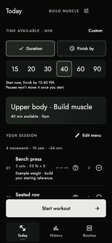 TimeboxLift development screen: choose available time and review exercises, sets and starting weights.
